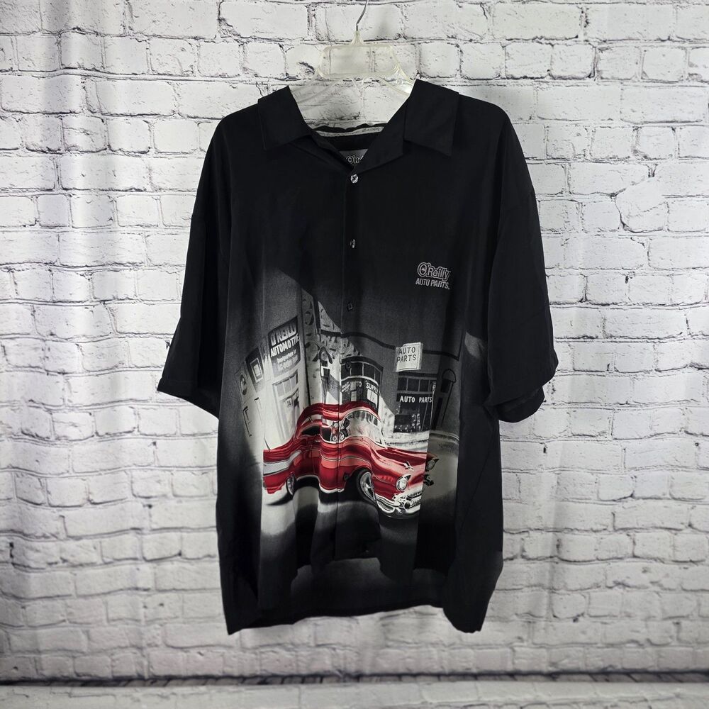 O'Reilly Auto Parts Men's Black 2XL Red Car Graphic Button Up Shirt